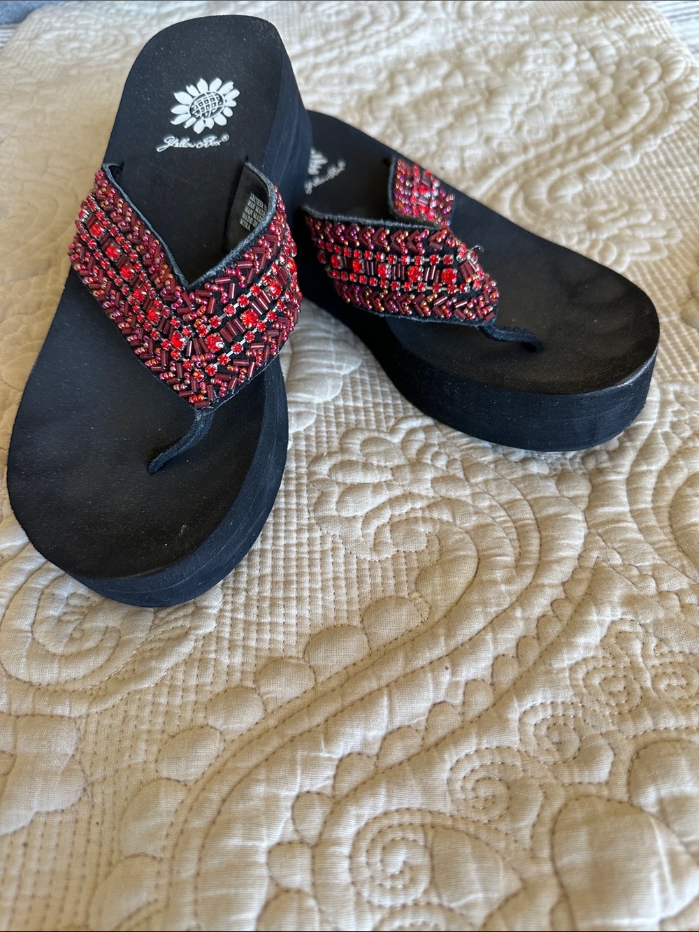 Yellow Box Black Platform Flip Flops with Red Beaded Straps